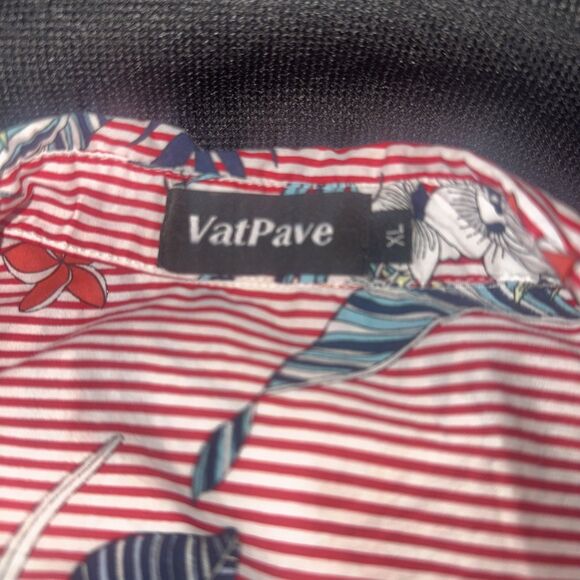 VATPAVE Red Striped Floral Button Up Hawaiian Short Sleeve Aloha Shirt Mens XL - Picture 4 of 4